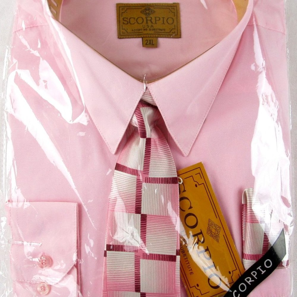 NWT Scorpio Men's 3 Pc. Pink Dress Shirt, Tie & Pocket Square Set, Size 2XL